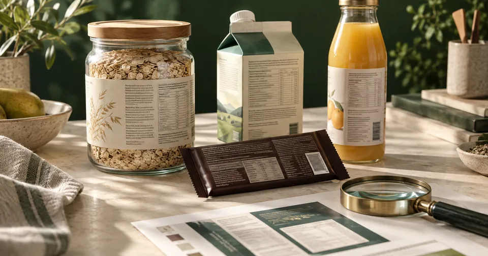 A food label review desk with packaging, a printed proof and a magnifying lens